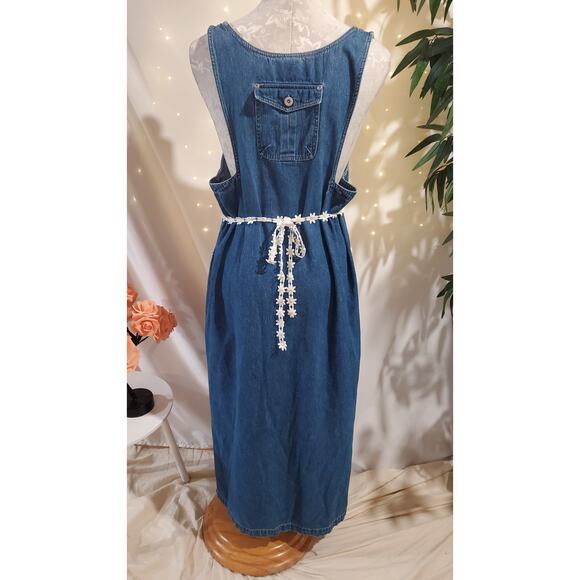 Vtg 90s Bill Blass Denim Daisy Tieback Maxi Overall Dress Size L Cottage Modest - Picture 2 of 10